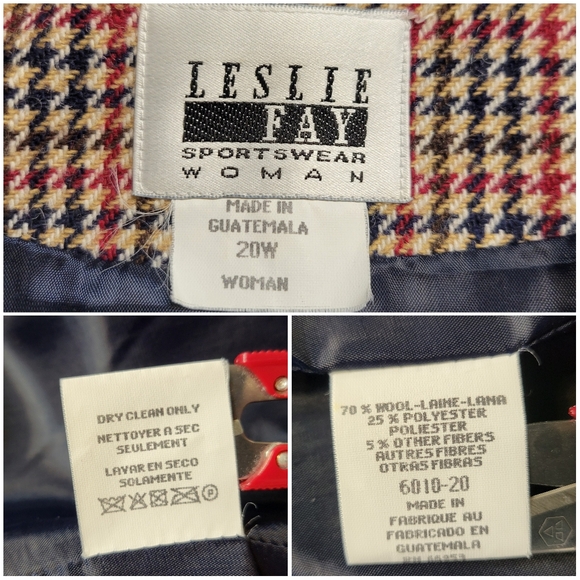Leslie Fay Vintage Wool Blend Women's Houndstooth Blazer Navy Tan and Red - Picture 7 of 10